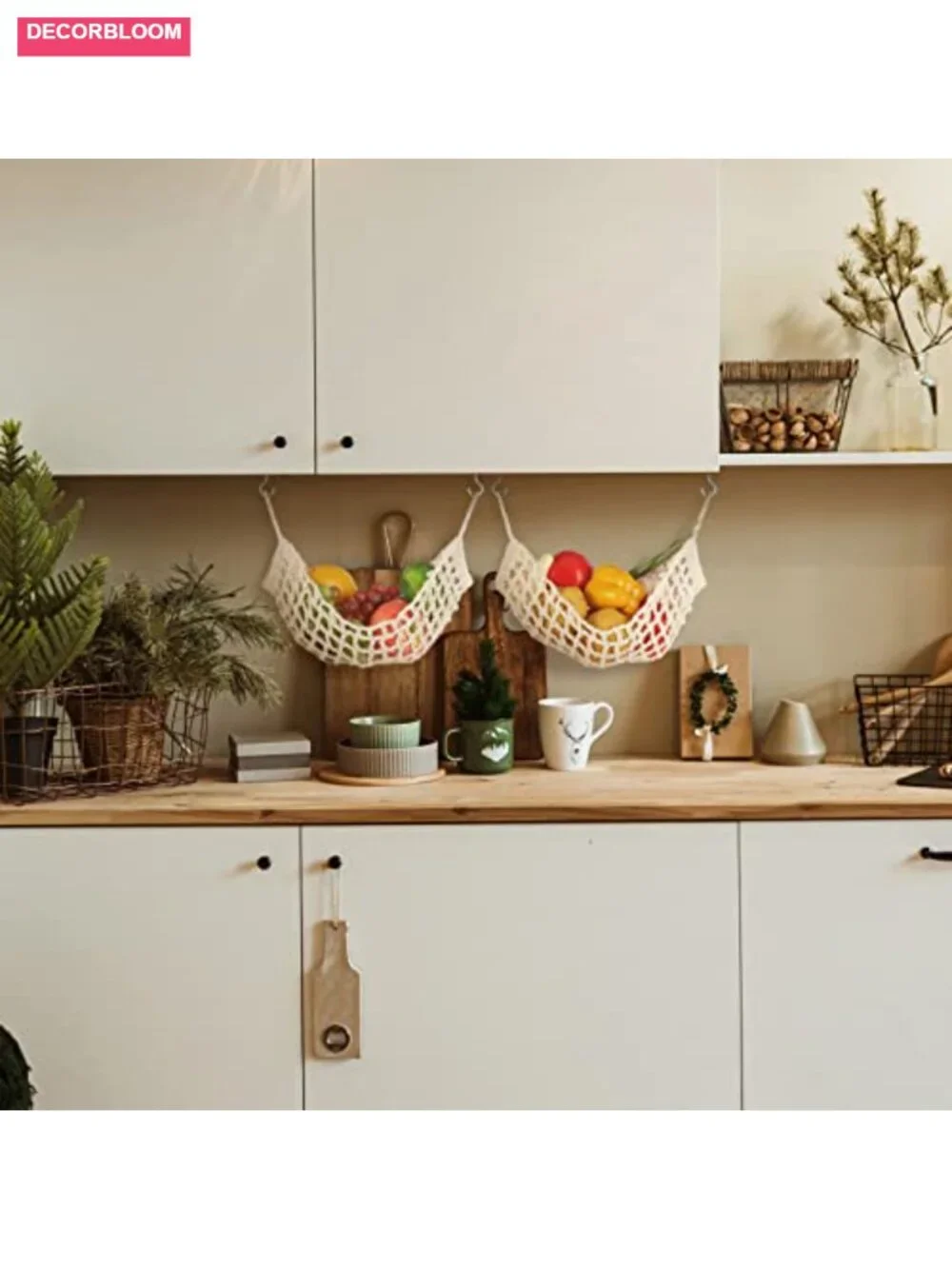 Large Macrame Fruit Hammock Hanging Basket Handwoven Cotton Under Cabinet